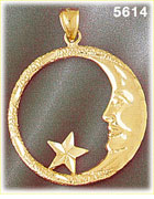 14K Yellow Gold Circle Crescent Moon & Star Celestial Charm