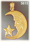 14K Yellow Gold Crescent Moon w/Face & Star Celestial Charm