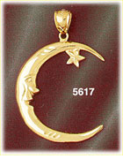 14K Yellow Gold Diamond Cut Crescent Moon w/Face & Star Celestial Charm
