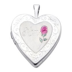 Dazzling 14k White Gold Mom Heart Locket W/Enamel Rose Dazzling 14k White Gold Mom Heart Locket W/Enamel Rose