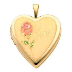 Endearing 14K Yellow Gold Engraved Amor Heart Locket W/Enamel Rose 