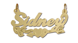14K Gold Arrow Through Double Heart Script Nameplate