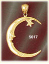 14K Yellow Gold Diamond Cut Crescent Moon w/Face & Star Celestial Charm