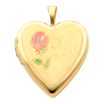 Attractive 14K Yellow Gold Engraved Love Heart Locket W/Enamel Rose