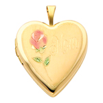 Lovely 14K Yellow Gold Engraved Mom Heart Locket W/Enamel Rose