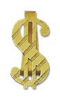 14K Gold Dollar Sign Money Clip with Diagnonal Stripe Design