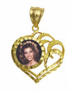 14K Gold Round Heart With Heart Design Photo Pendant