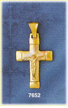 14K Tri Color Gold Cross & Jesus Pendant w/Diagonal Tri Color Stripes