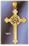 14K Gold Cross w/Fleur-dis-lis Arms & Circular Center Pendant